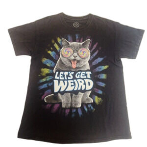 Psychedelic Cat T Shirt Size L Short Sleeved Black Lets Get Weird Funny High